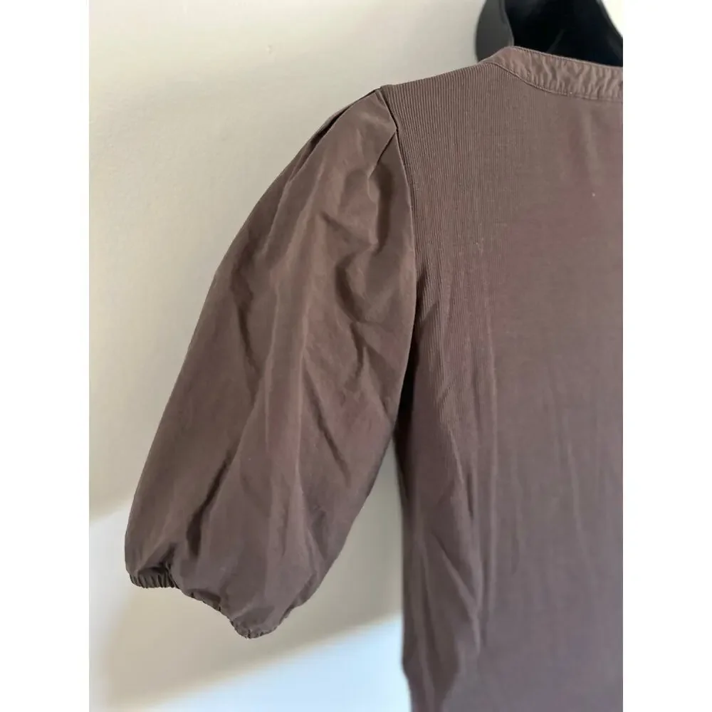 Madewell Brown Ribbed Henley Puff Sleeve Top Small